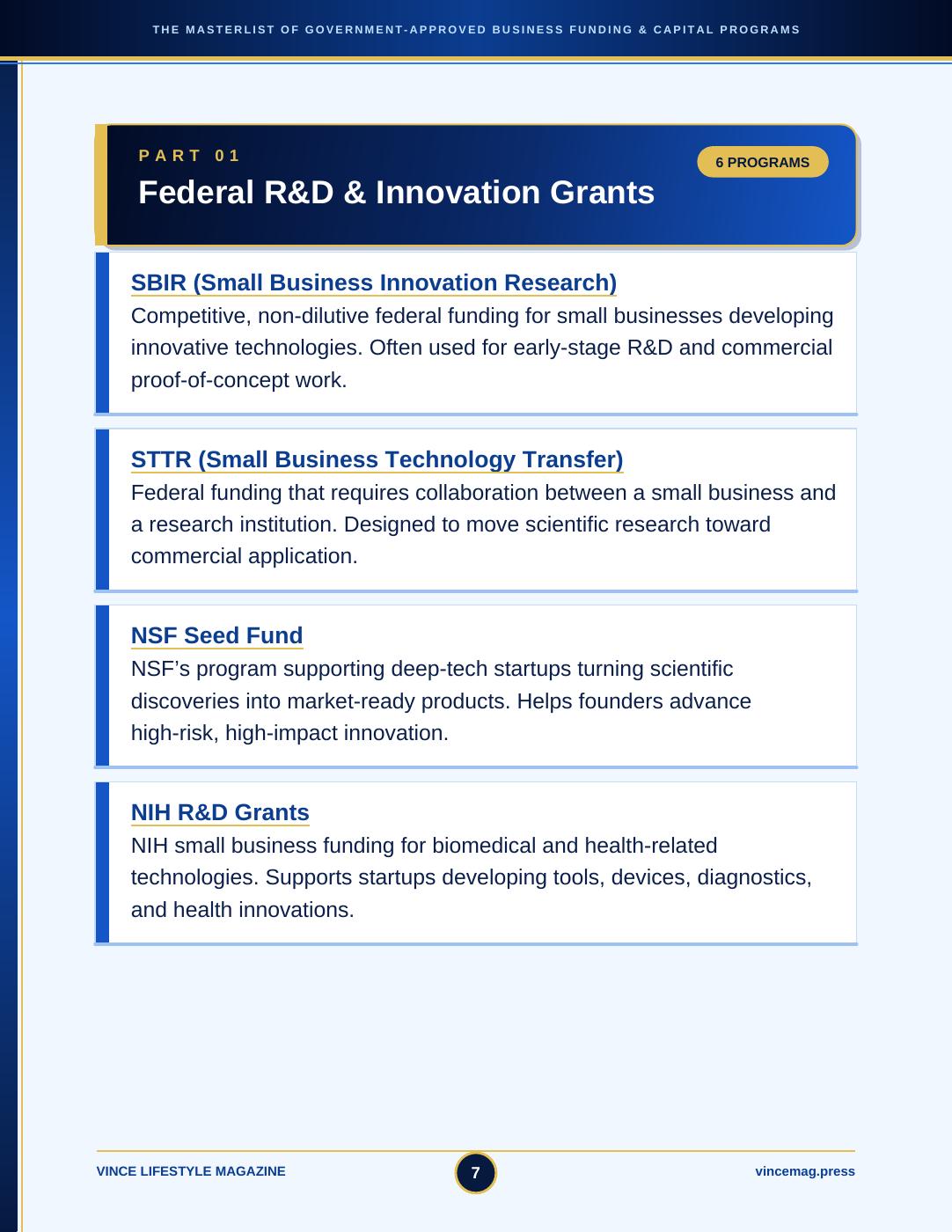 Sample page featuring federal research and innovation grants
